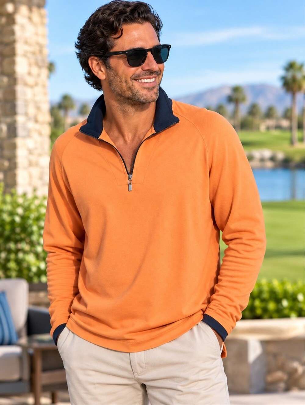 Bobby Jones Golf Long Sleeve Quarter Zip Pullover Orange/Navy, XXL Pima Cotton